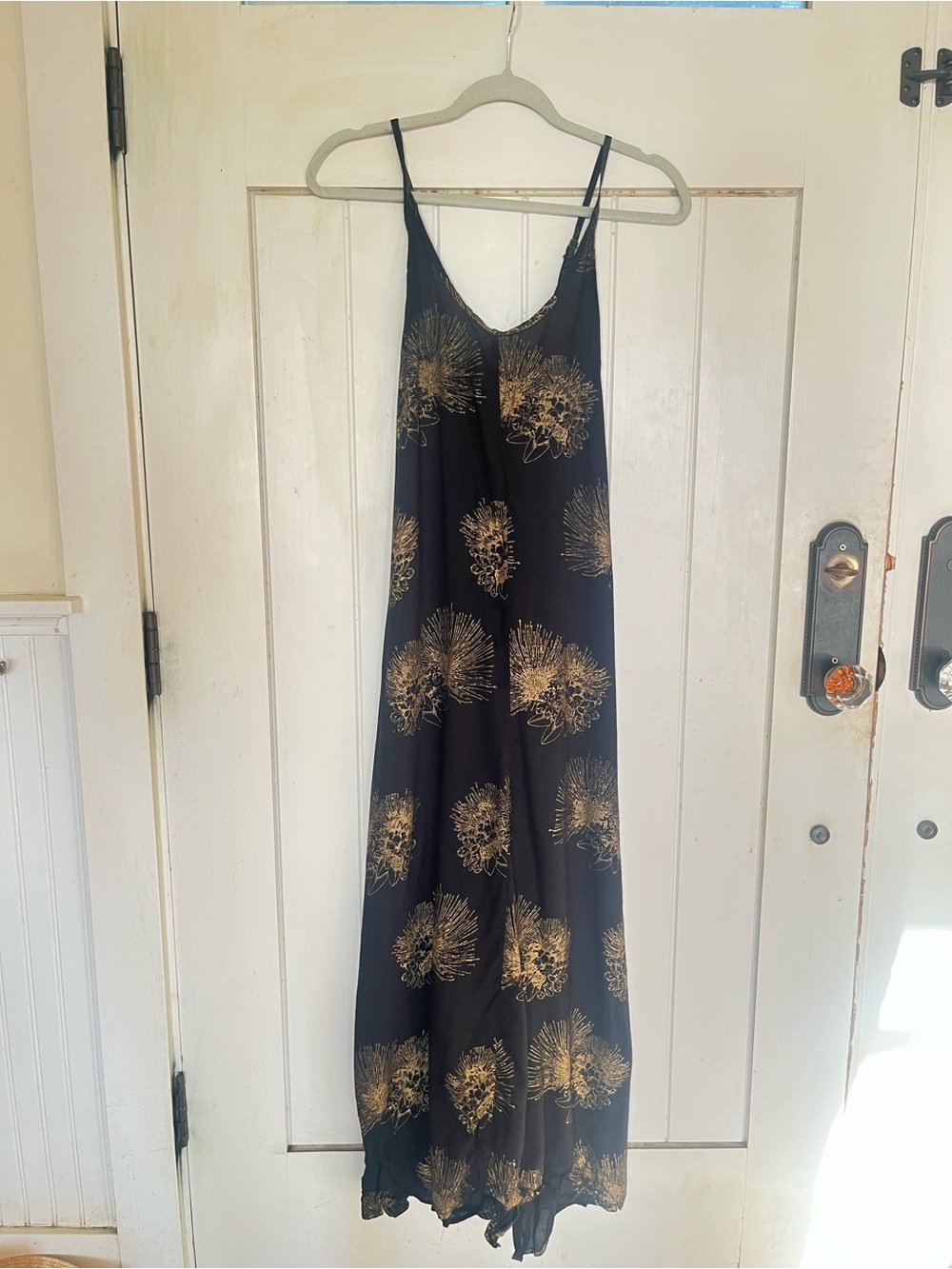 Kahulale’a Black Maxi Slip Dress with Metallic Gold Burst Ohi’a Lehua Flower